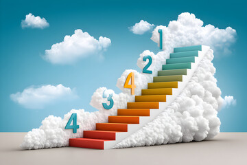Colorful 3D staircase numbered 1 to 4 ascending into clouds with blue sky background, symbolizing success, growth and progress

