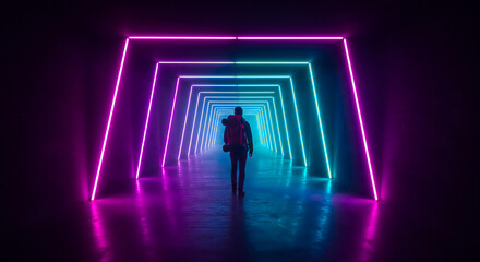 Traveler Walking Into Neon-Washed Futuristic Tunnel