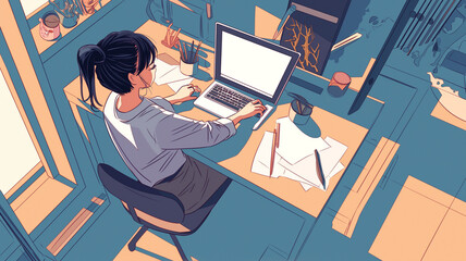 ノートパソコンで仕事に集中する女性のイラスト素材｜デスクワーク・タイピング・パソコン操作・現代的ライフスタイル・IT系職業・キャリアウーマンを連想させる抽象表現の人物画像