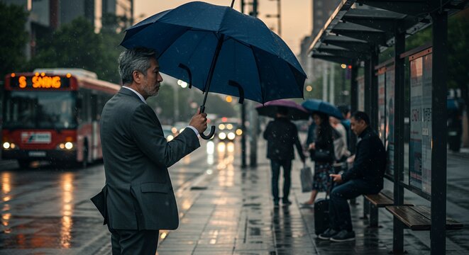 A pensive businessman waits under his umbrella at a rainy bus stop, lost in thought amidst the urban blur. - Powered by Adobe