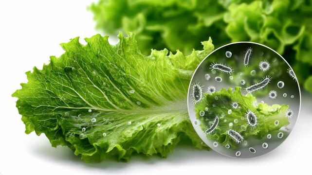 Fresh green lettuce leaves on a white background, with an enlarged inset revealing microscopic bacteria and germs crawling on the leaf surface, representing food safety risks in raw vegetables