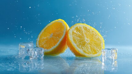 lemon slices cut in half with ice cubes on the side, water droplets, light blue background, orange color palette