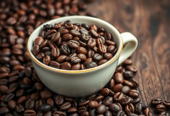 Fototapeta premium Dark roasted coffee beans overflowing a ceramic cup, gourmet, full