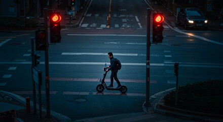 Urban Night Rider: A lone person navigates a city intersection on an electric scooter under a red traffic light, showcasing a blend of modern