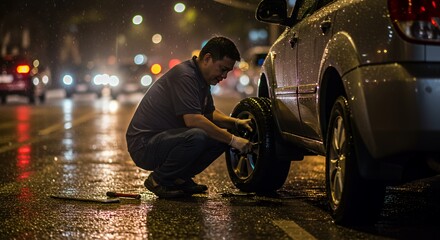Lone man diligently changes a flat tire on a rain-slicked city street at night, illuminated by distant streetlights.