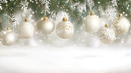 a charming winter holiday backdrop showcasing the elegance of christmas with glistening ornaments suspended from pine branches amid soft falling snowflakes creating a festive atmosphere