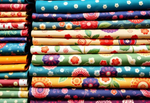 Colorful cloth rolls with beautiful pattern at shop for slae