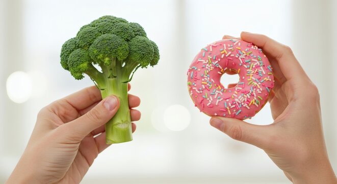 Healthy vs. Unhealthy Choices A Close-Up of Broccoli and Donut
