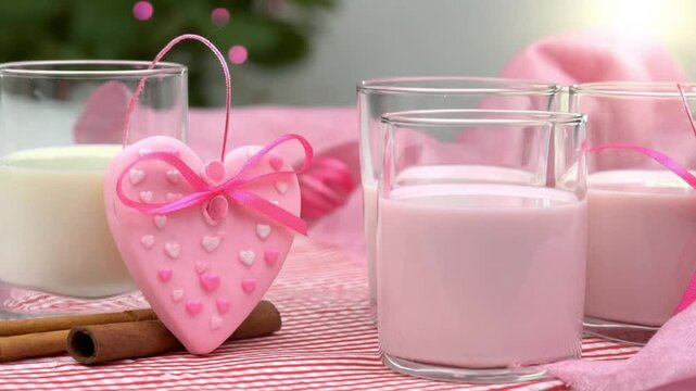 pink heart candies and milk for valentines day picnic fast zoom out