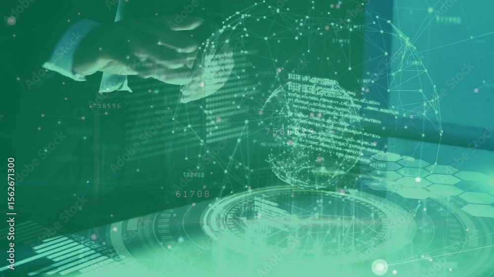 Poster hands hovering over tabletop display activating data panels and emerging globe visualizing network