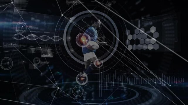 Male rugby player holding ball initiating data scan forming mesh pulsing markers analyzing motion - Powered by Adobe