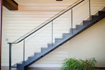 Fototapeta premium Modern metal stairs with a wire railing.