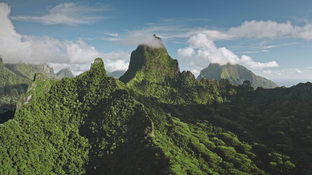 Stunning aerial perspective green tropical peaks jungle forest terrain in Moorea island, French Polynesia, dramatic topography, untouched beauty. Remote wild nature scene, exotic travel. Drone flight