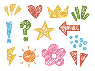 Hand Drawn Colorful Sketch Collection. A playful collection of 13 hand drawn sketch icons including hearts stars arrows punctuation symbols flowers in vibrant doodle style. Perfect for comics cards