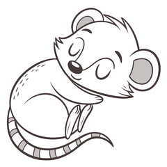 Sleeping mouse illustration with closed eyes and striped tail on white background rodent