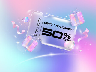 Gift voucher Transparency coupon banner for Discount online shopping with Holography Vibrant Gradient gift and decorations background.