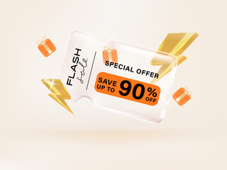 Gift voucher Transparency coupon banner for Flash sale Discount online shopping with Holography Vibrant Gradient gift and decorations background.