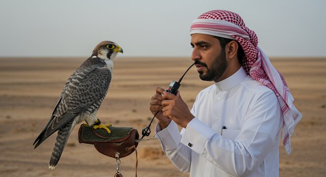 Arabian falconer communicates with his majestic bird of prey using a small device in the vast desert landscape.