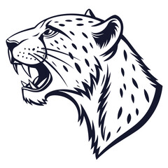Black and white leopard head illustration with open mouth and visible teeth on white background