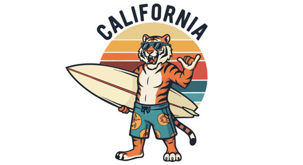 Fototapeta premium Cool cartoon tiger surfer with sunglasses and surfboard posing against a vintage California sunset