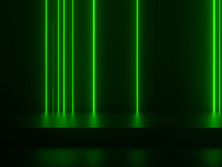 3D Black background with green stripped lights