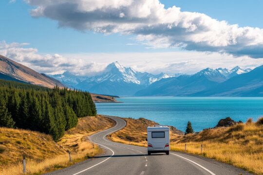 White motorhome driving on a scenic road by Lake Pukaki with Aoraki Mount Cook in the background, New Zealand