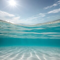 Fototapeta premium Sunlit turquoise water meets sandy seabed, a serene underwater landscape with sky above