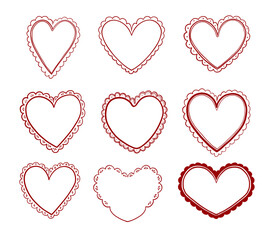 Hand Drawn Scalloped Heart Outline Set. A romantic set of 9 hand drawn heart outlines with scalloped borders dotted trims and decorative in elegant red contour style. Perfect for cards wedding crafts