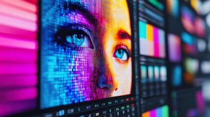 An AI system painting a digital portrait on a vertical screen using robotic arms, mid-process shot with