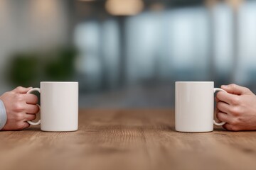 Two white mugs held by colleagues during a coffee break, symbolizing workplace conversations and relaxation