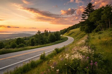 Obraz premium Scenic winding mountain road at sunset with vibrant orange clouds illuminating the sky over rolling hills and lush green forests dotted with wildflowers