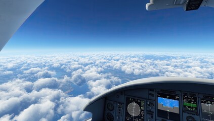 Airplane cockpit view of fluffy clouds