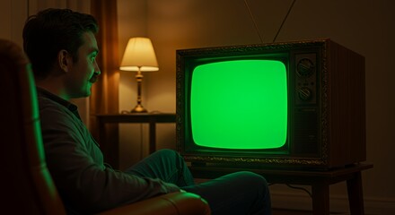 Man engrossed in a vintage television with a vibrant green screen, lost in a world of retro entertainment and nostalgic ambiance.