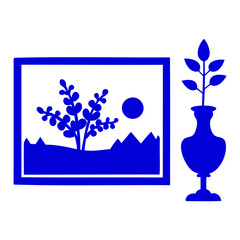 Home decor icon with framed picture and plant in a vase isolated on transparent background. Interior design silhouette for art gallery. Wall art graphic, furniture symbol, PNG.