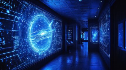 Futuristic digital space with glowing blue projections in modern gallery