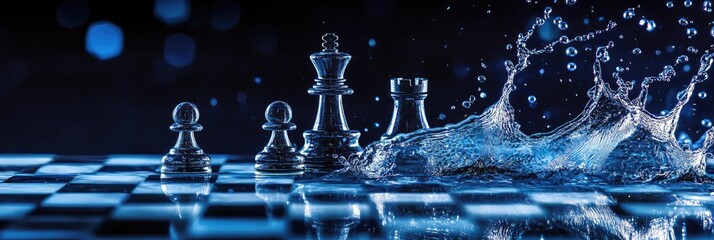 Chess pieces on a board, water splashing