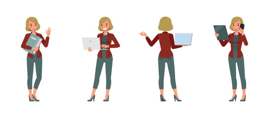 Businesswoman with bronze hair wearing red shirt character vector illustration design set. Woman working in office. Presentation in various action.