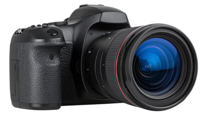 A black camera with a blue lens isolated on white background PNG.