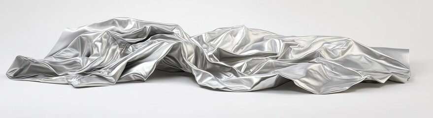 Folded, shimmering silver fabric draped on a plain background