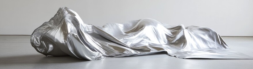 A draped, metallic form rests on a light-colored surface