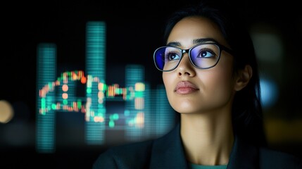 Thoughtful Female Professional Analyzing Data Graph at Night