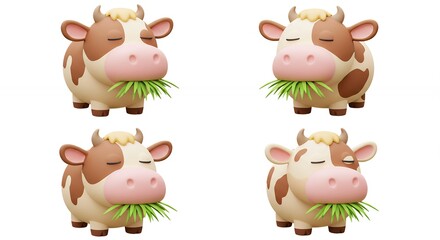 Obraz premium Four cartoon cows eating grass