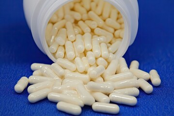 White capsules spilling from a plastic container onto a blue surface