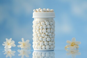 White pills in a bottle, surrounded by flowers.  A plastic bottle filled with numerous small, white pills forms a textured pattern. 