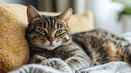 Relaxed Tabby Cat Lounging on Sofa with Cozy Throw Blanket