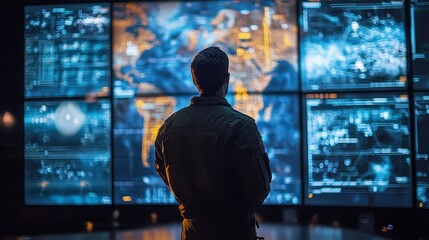 Person Observing Data Visualization on Screens in a Control Room