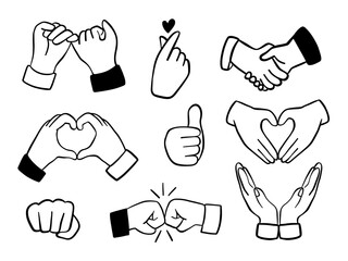 Hand Gesture Outline Icon Collection. A clean black and white collection of 9 hand gesture icons including pinky promise heart hand fist bump thumb up in outline style. Perfect for sticker branding UI