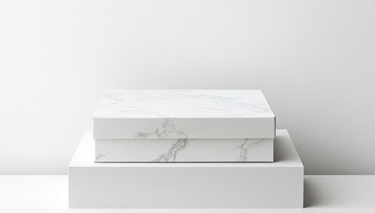 Two white marble-patterned boxes on a white pedestal