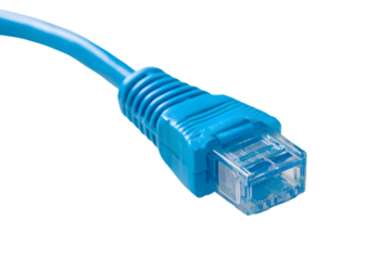 A close up of a blue ethernet cable on a transparent background