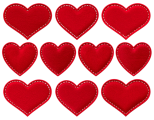 Set of Red Embroidered Heart Patches with Classic Stitching, isolated on transparent background
